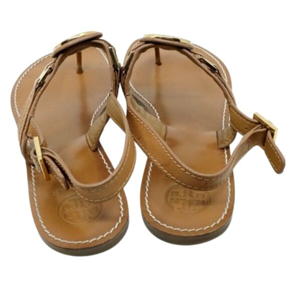 TORY BURCH~Everly~TAN LEATHER GOLD REVA LOGO FLAT THONG SANDALS SHOES~SIZE 10 - Picture 4 of 7